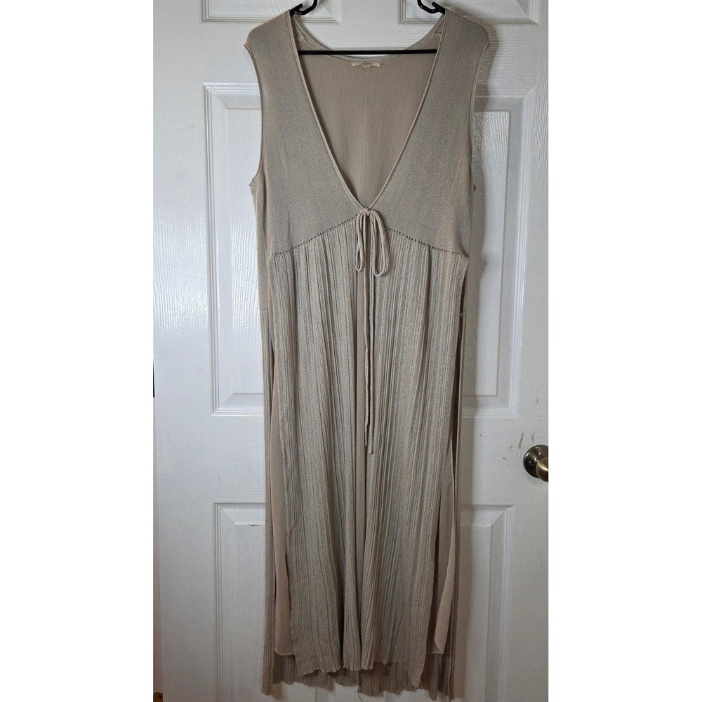 Mystree Tan Beige Sleeveless Pleated Maxi Dress V-Neck Tie Front Size M 14615